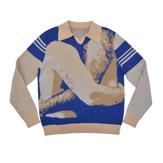 Men's V Neck Polo Pullover with Hug jacquard design in Royal Blue and Beige